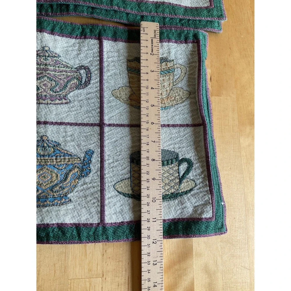 Vintage Woven Tapestry Placemats Set 4 Teapot Teacup Tea Time Cottagecore 18x13